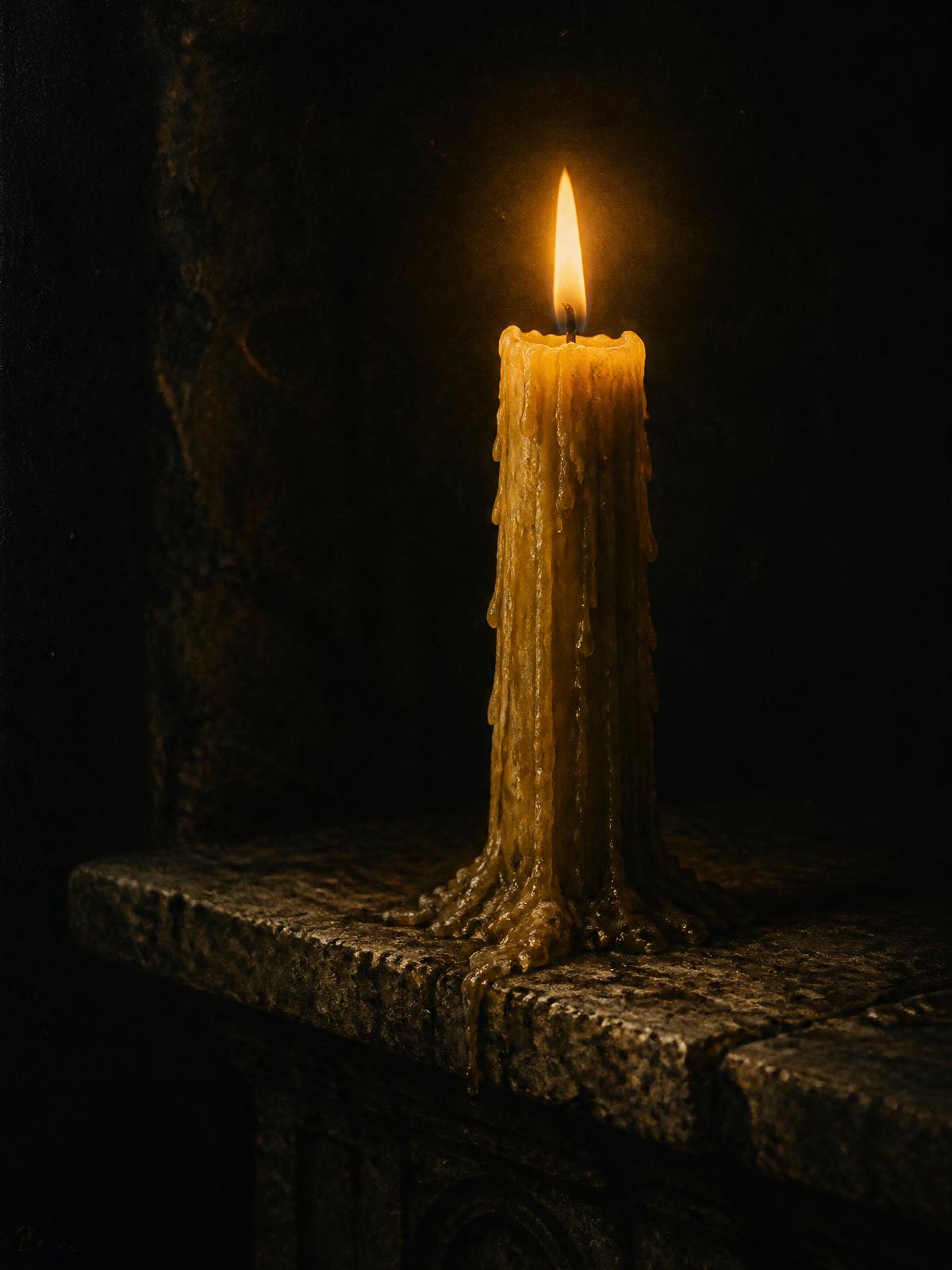 A single dripping candle on stone.